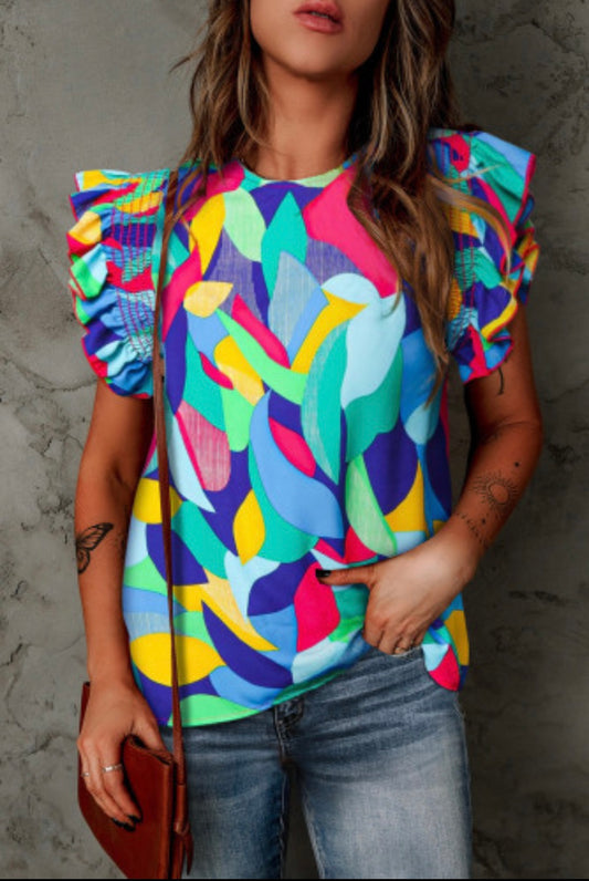 Multicolor Abstract Ruffle Sleeve Blouse