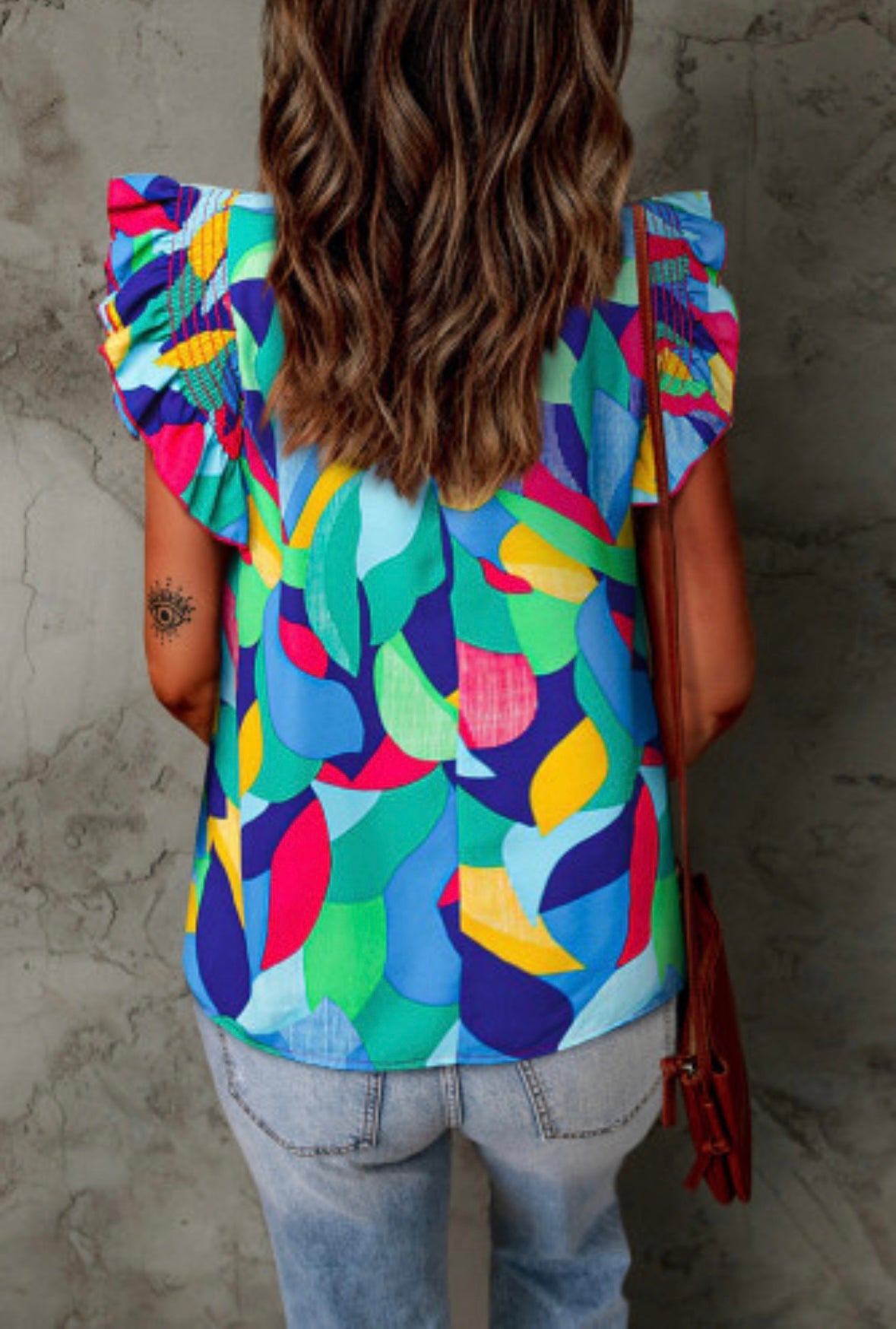 Multi Color Abstract Ruffle Sleeve Blouse