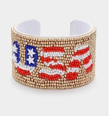 American USA Flag Seed Beaded Cuff Bracelet