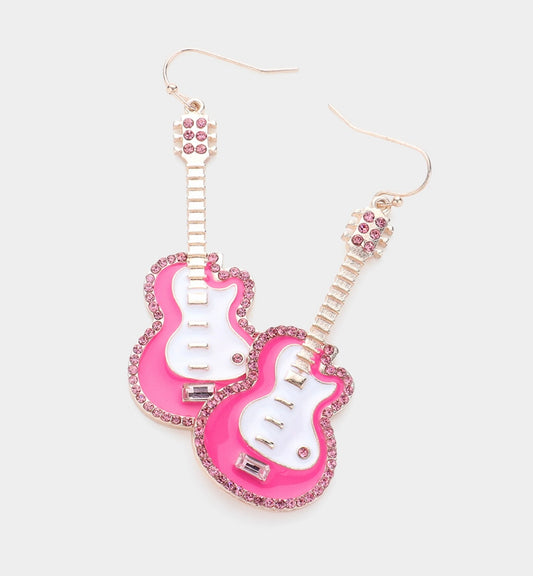 Pink Rhinestone Rim Guitar Dangle Earrings