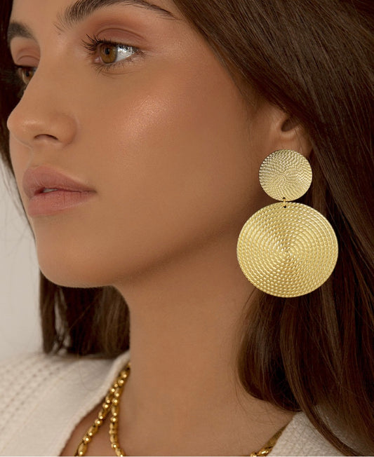 Gold Textured Double Metal Round Link Dangle Earrings